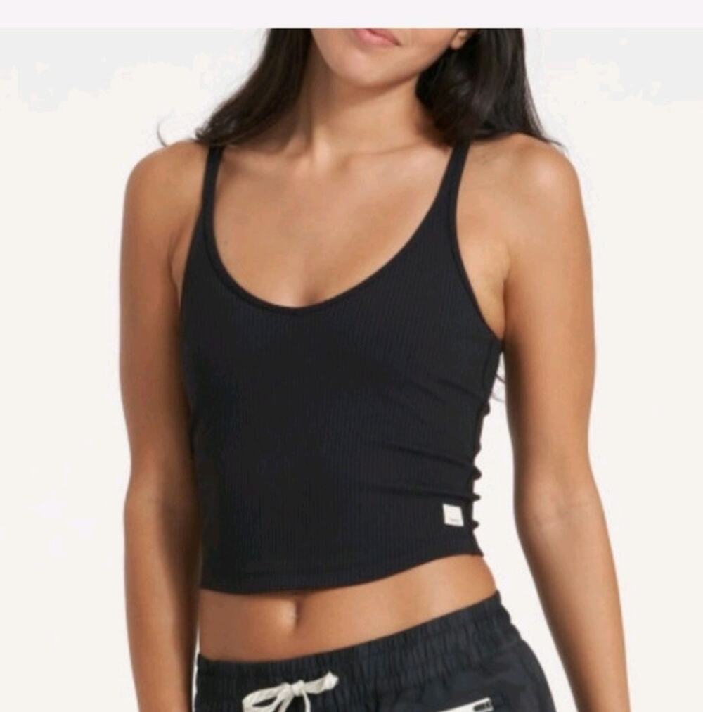 Vuori Rib Crop Tank Top Black Strappy Back Built-In Shelf Bra Women's Large